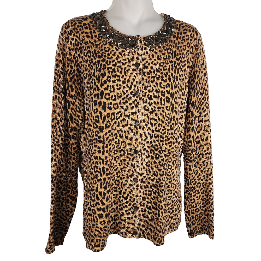 J.McLaughlin Womens Leopard Print Cardigan Sweater Button Medium Rhinestone Neck